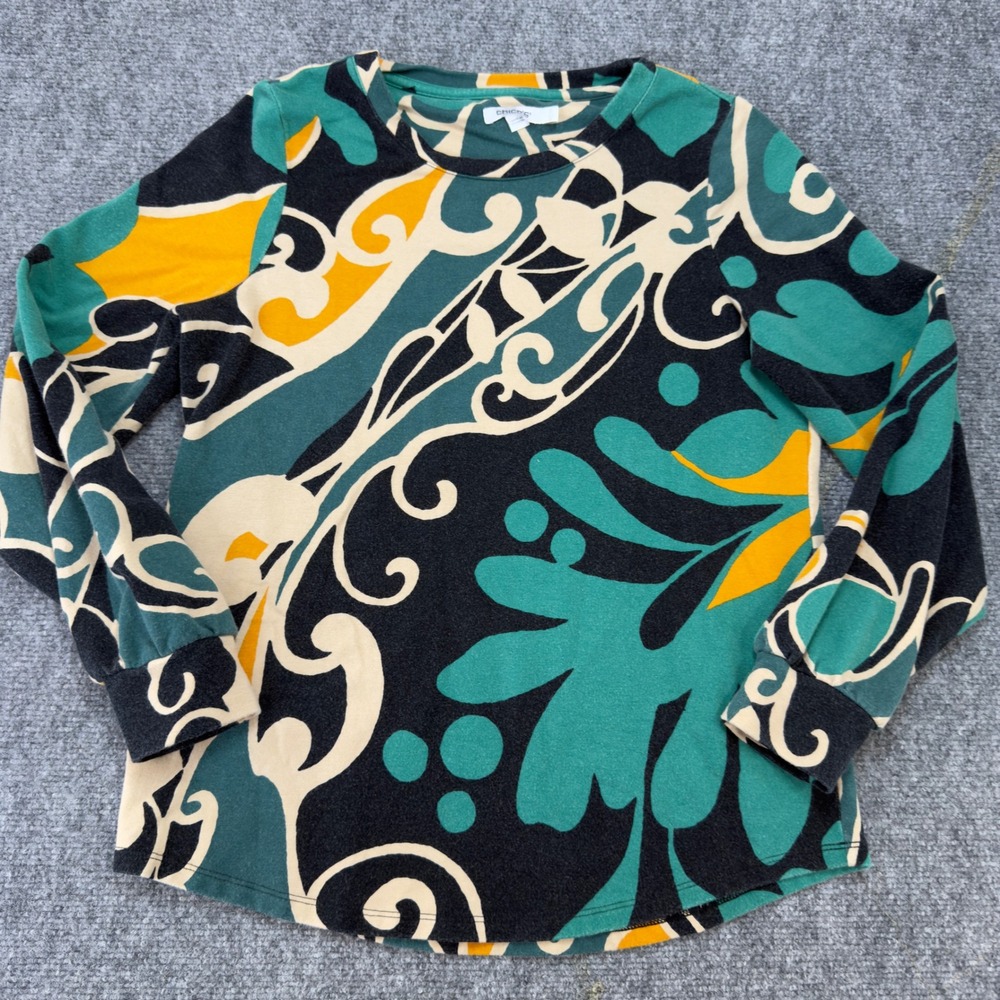 Chico's Abstract Paisley Lightweight Sweater Teal Yellow Black Size 0 S